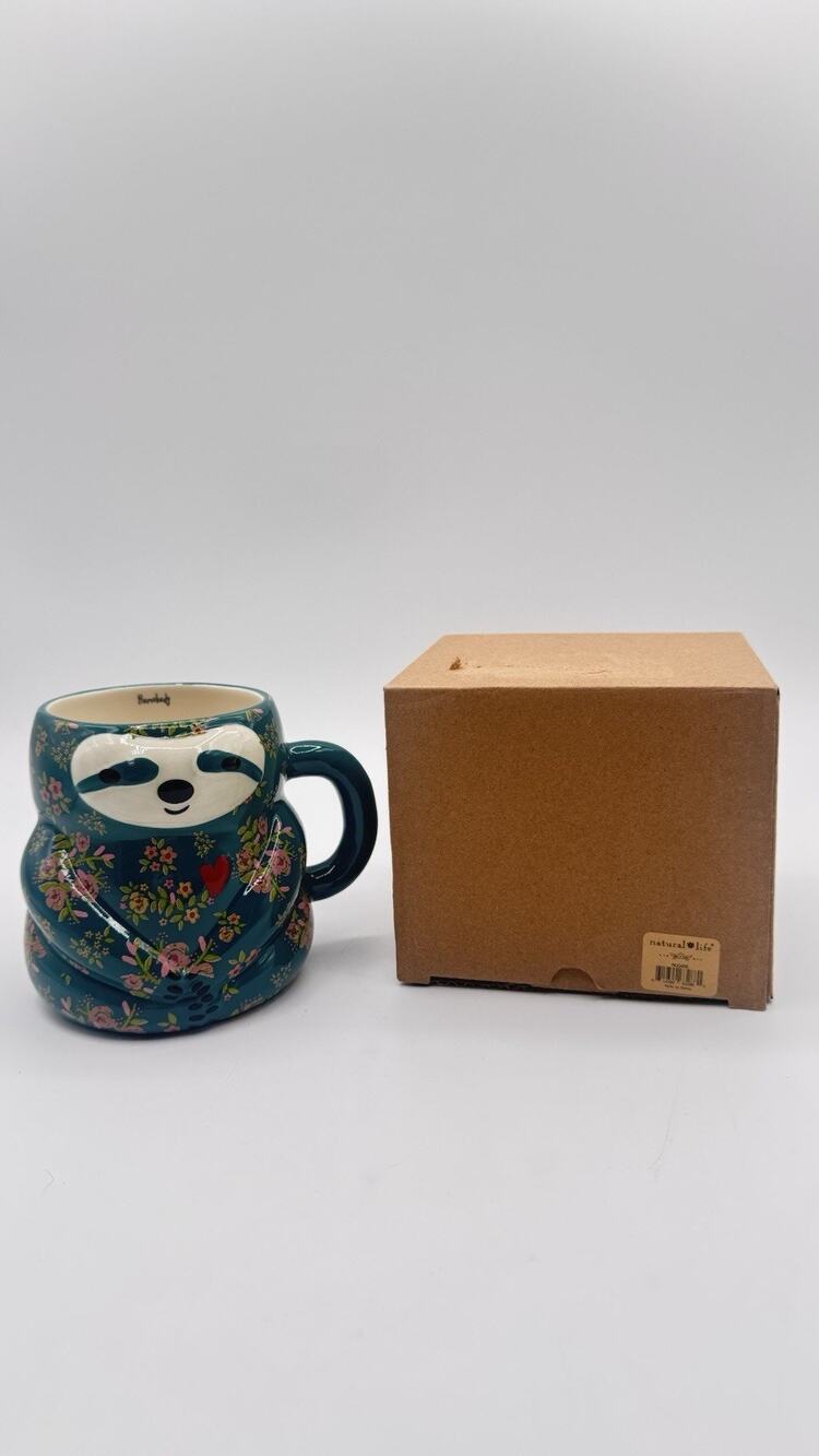Natural Life Sylvia Sloth Folk Art Mug Ceramic Teal Floral Mothers Day, Birthday